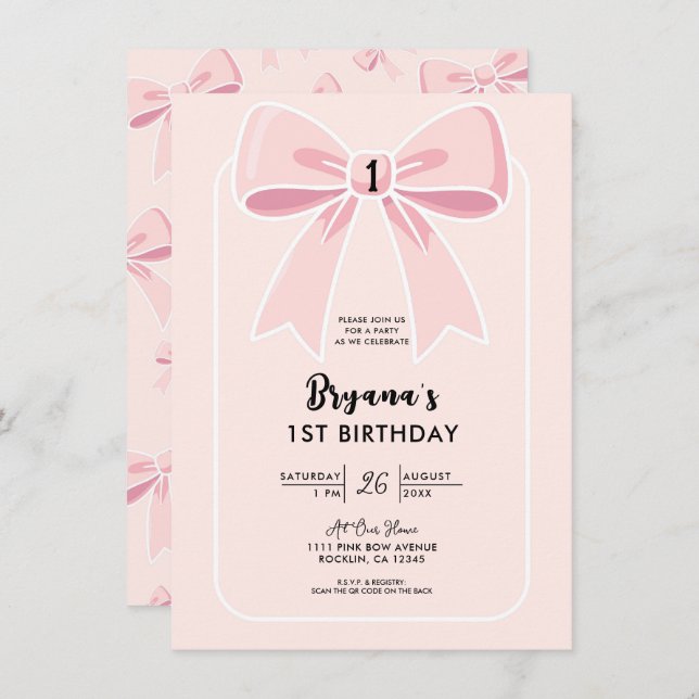 Convite Arcos cor-de-rosa primeiro aniversario chic coquet (Frente/Verso)