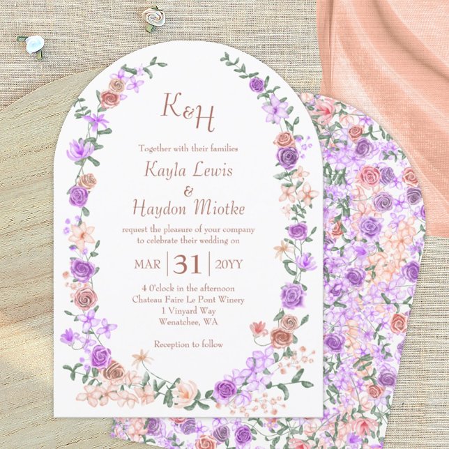 Convite Arcos de Casamento de Rosa de Lilac e Peach (peach lilac floral wedding invitation, light purple pink mauve blush roses, french lavender)