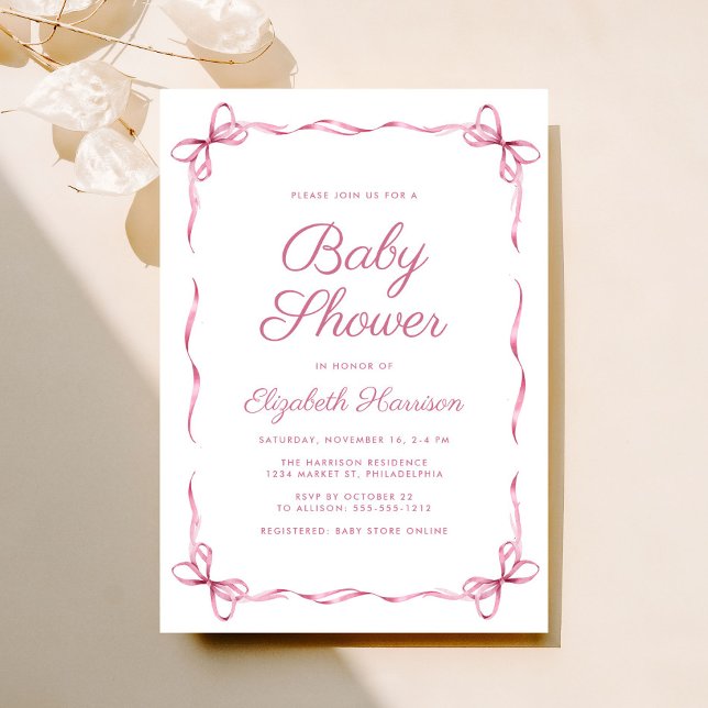 Convite Arcos de coquete elegantes Chá de menina rosa (Celebrate the upcoming arrival of your baby girl with a vintage-inspired coquette bows baby shower)
