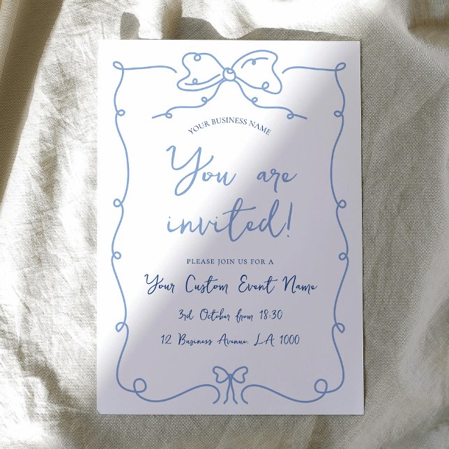 Convite Arcos Desenhados à Mão Elegantes Gala Azul de Even (Elegant hand-drawn style business event invitation with handwritten style font in blue and white)