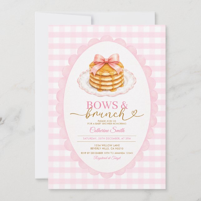 Convite Arcos e Brunch Chá de Bebê Xadrez Rosa (Frente)