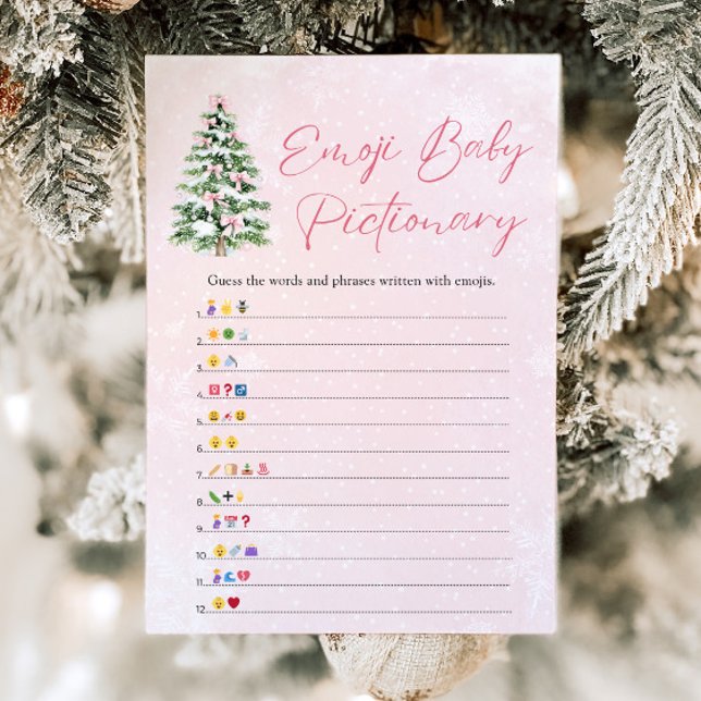Convite Arcos Jogo de Imagem Emoji da Árvore de Natal (Pink Bows Christmas Tree Baby Emoji Pictionary Game)