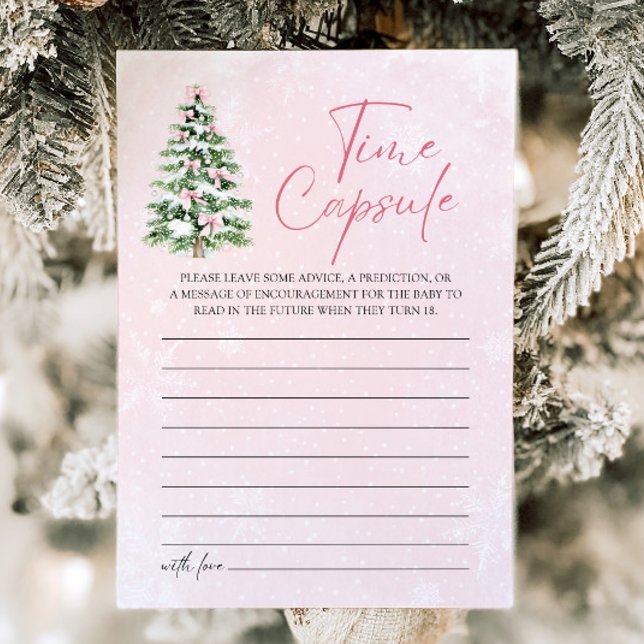 Convite Arcos Rosa Chá de fraldas Horário de Natal Jogo da (Pink Bows Christmas Baby Shower Time Capsule Game)
