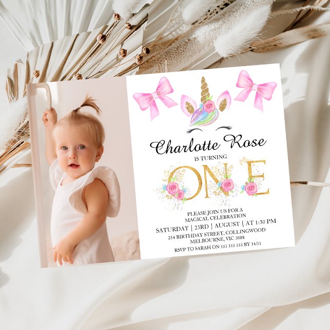 Convite Arcos Rosa Florais primeiro aniversario Unicorn (Girls Unicorn 1st Birthday Invitation Unicorn Face Bows Magical Celebration First Birthday Invite)