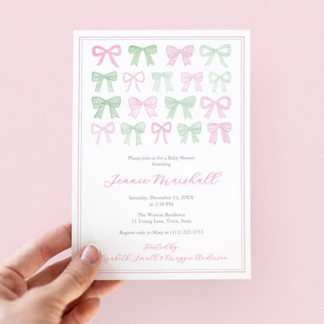 Convite Arcos Verdes E Rosa, Chá De Bebê (Preppy pink and green bows baby girl shower invite with pink white bengal stripes reverse)