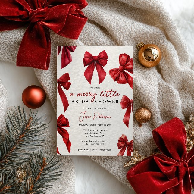 Convite Arcos Vermelhas Elegantes de Natal Bridal de inver (Elegant Red Coquette Bows Christmas Winter Bridal Invitation)
