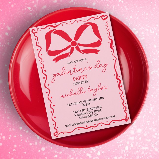 Convite Arcos Vermelhos e Rosa do Partido das Galentinas Q (whimsical red bow on the pink background galentine's day invitation)