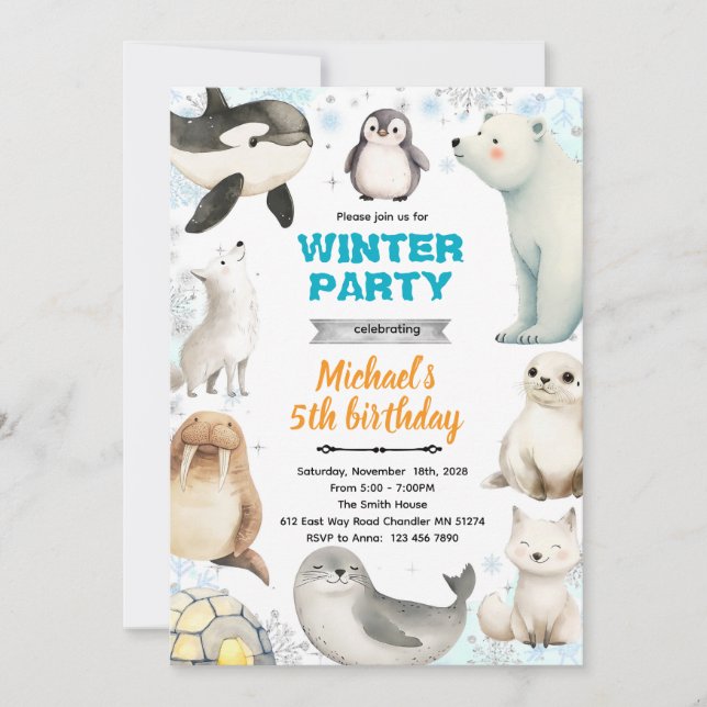 Convite Arctic Animals theme invite (Frente)