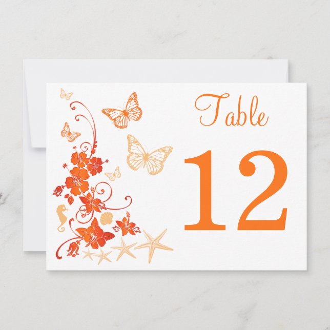 Convite Areia, Laranja, White Tropical Beach Table Number (Frente)