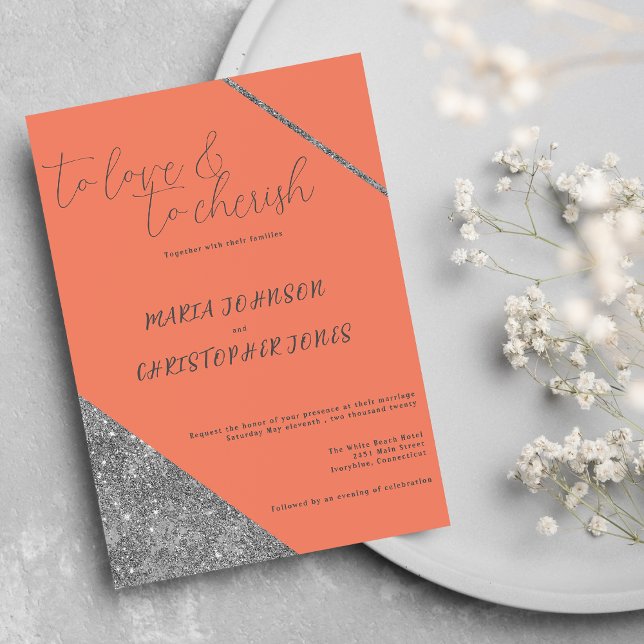 Convite Argumento clássico, glama laranja de prata com bri (Classic script silver glitter orange glam Wedding )