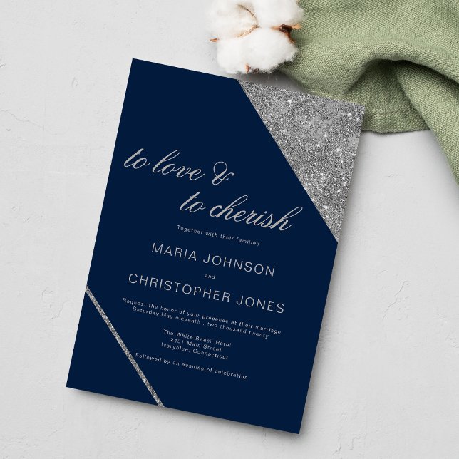 Convite Argumento clássico, marinho azul de cintilação pra (Classic script silver glitter navy blue wedding )
