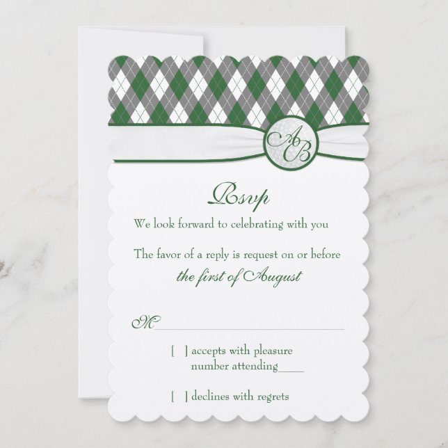 Convite Argyle Bola de Golfe Verde Monograma Casamento RSV (Frente)