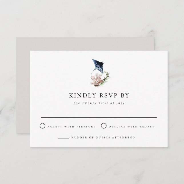 Convite ARIEL Tropical Ocean Coral Manta Ray Beach RSVP (Frente/Verso)