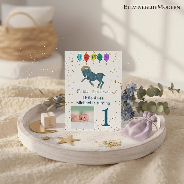 Convite Áries Primeiro Aniversário Ouro & Balões & Foto (Aries 5” x 7” Photo Invite. Visit Aries Zodiac Birthday Party Collection for more items.)
