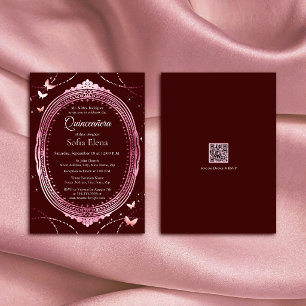 Convite Armação de Ouro Rosa Borgonha e Borboleta Quincean