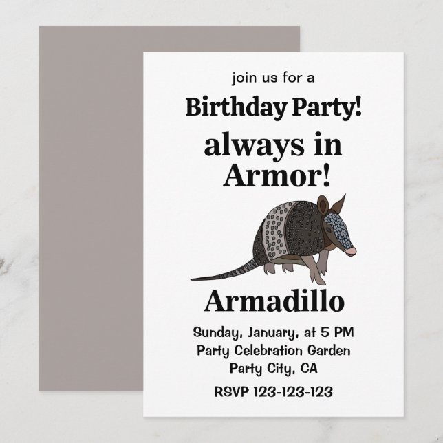 Convite Armadillo Animal Funny Birthday Party (Frente/Verso)