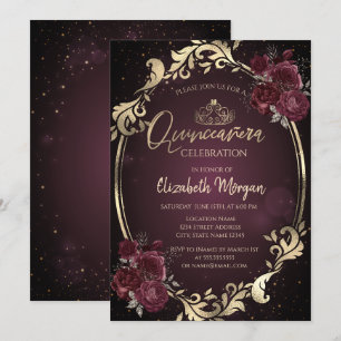 Convite Armadura Dourada Rosas Bordeaux Escuro Quinceañera