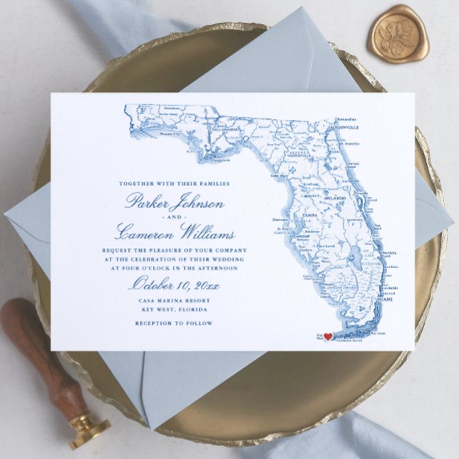 Convite Armamento Azul de Marinho Elegante do Mapa FL Ocid (Key West FL map wedding invitation in elegant navy blue from Coastal Map Designs)