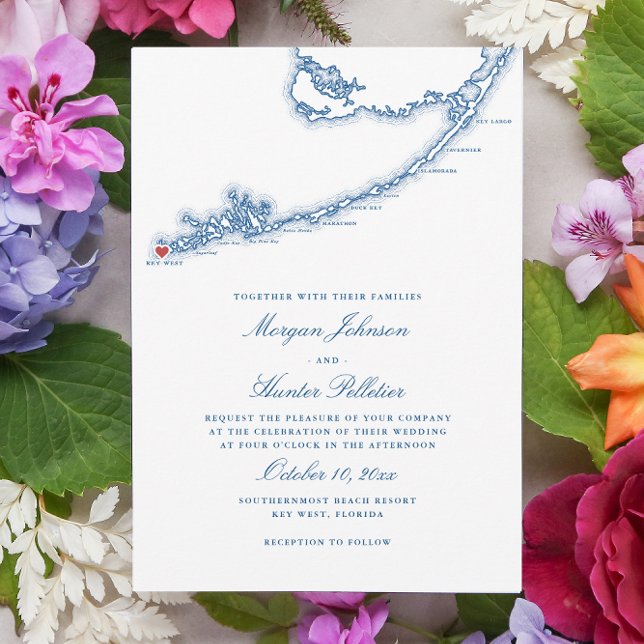 Convite Armamento Azul de Marinho Elegante do Mapa FL Ocid (Key West FL Map Wedding Invitation for an elegant navy blue destination wedding. Coastal Map Designs)