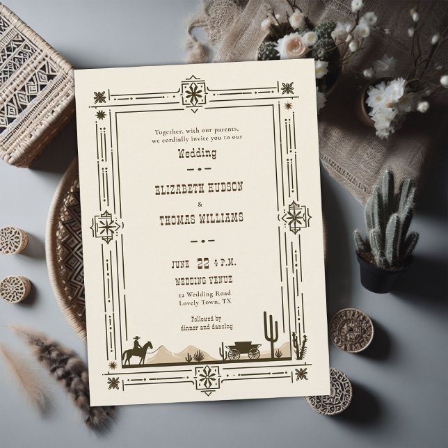 Convite Armamento Rustic Vintage Cowboy Casado Ocidental (rustic vintage cowboy wedding invitation country western frame horse cowboy wagon desert cactus )