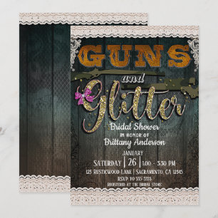 Convite ARMAS E LANTEJOULAS Festa de Noivado Rústica com R
