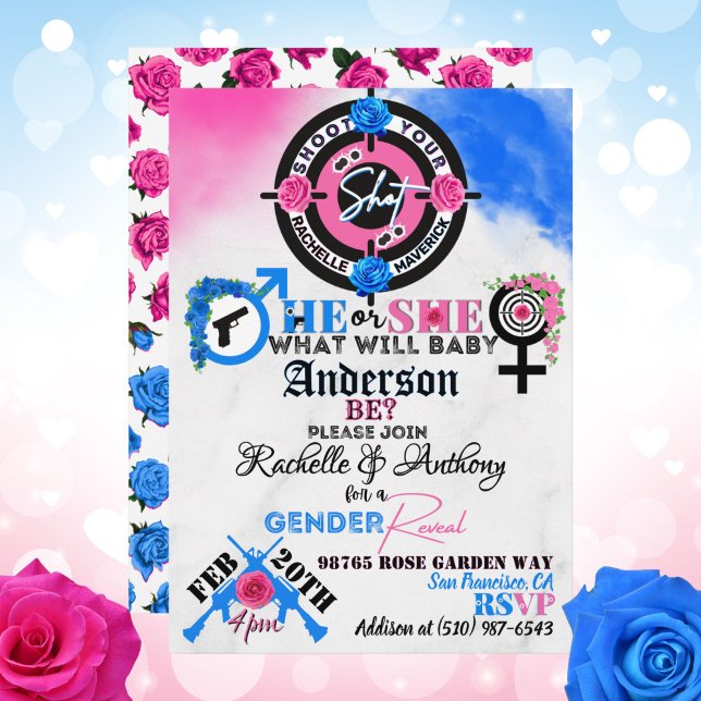 Convite Armas ou Rosas - Revelação de Gênero (Guns or Roses Shoot your Shot Gender Reveal Invitation in Pink and Blue)