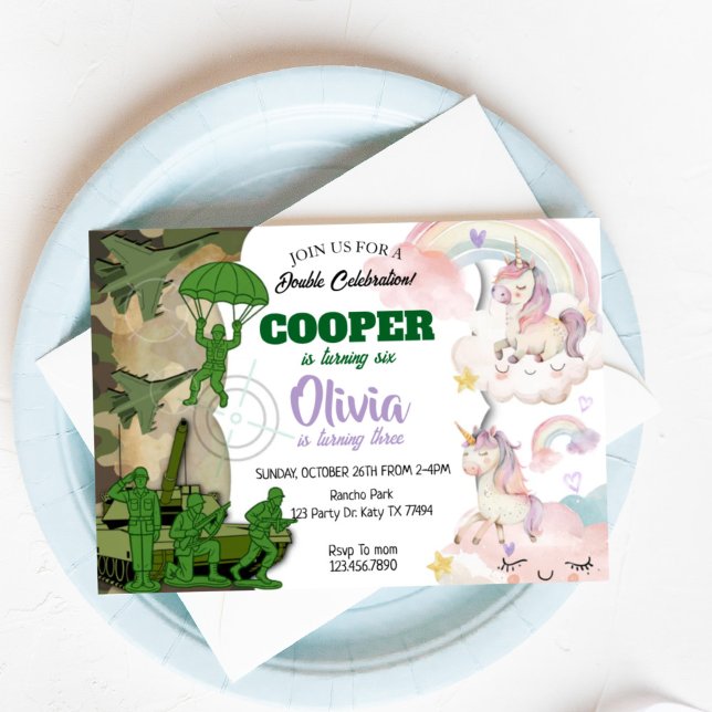 Convite Army and Unicorn Birthday Invitation | Boy & Girl  (Criador carregado)