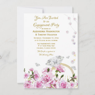 Convite Aro de Noivado de Casais com Rosas Pink e Diamante