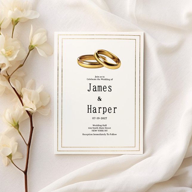 Convite Aros de casamento simples e elegantes em branco e  (Simple elegant white and gold rings Wedding )