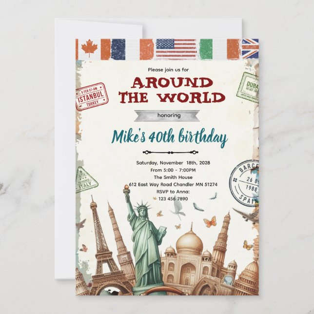 Convite Around the World Birthday Invitation (Frente)