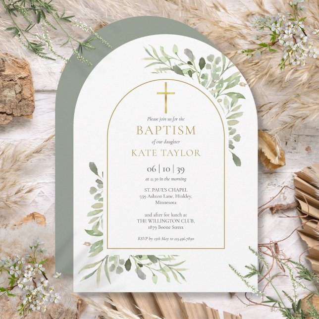 Convite Arquitetura de Ouro Batismo Batizado com Folhas em (Watercolor Greenery Baptism Christening Gold Arch Invitation)