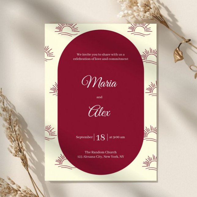 Convite Arquitetura Minimalista Borgonha Boho Sol Casament (filipino wedding invitation, catholic wedding invite, burgundy wedding invitation, filipino catholic)