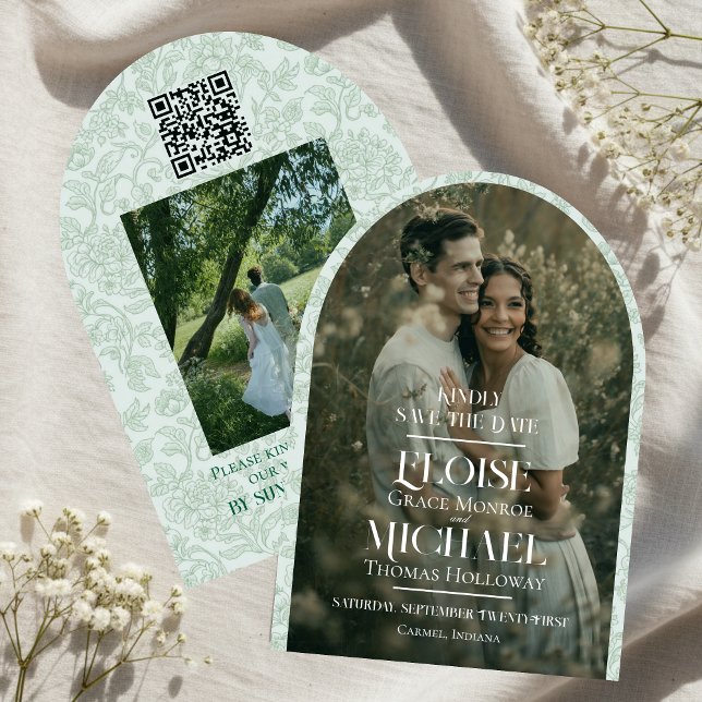 Convite Arquivar Foto Floral Toile Script Salve o Dia (Formally invite guests to your big day with this Arch Photo Floral Toile Script Save the Date!)