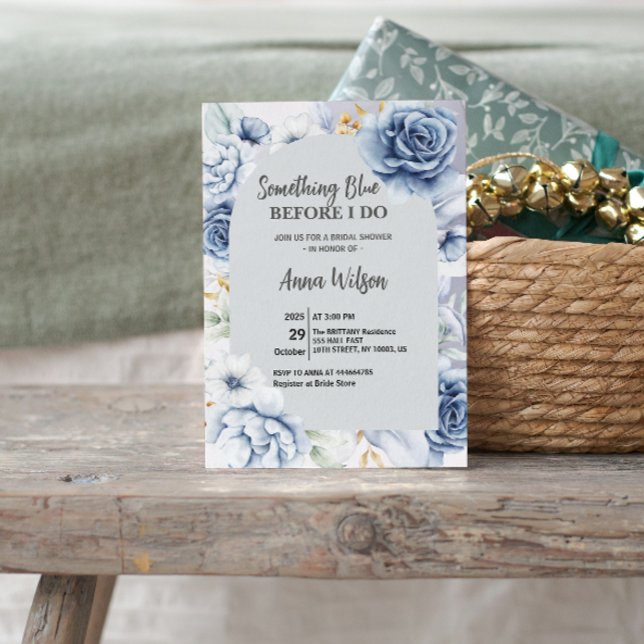 Convite Arquive Algo Azul Antes Que Eu Faça Chá de Bebê El (Arch Something Blue Before I Do Bridal Shower Invitation watercolor garden party elegant botanical )