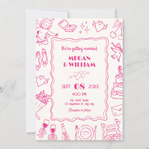 Convite Arranjo de arte em linha Pink Wedding