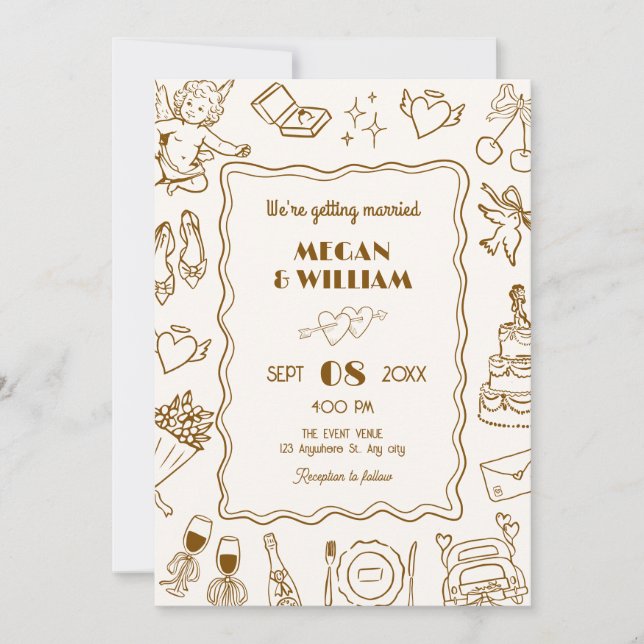 Convite Arranjo de esboço de linha de casamento (Frente)