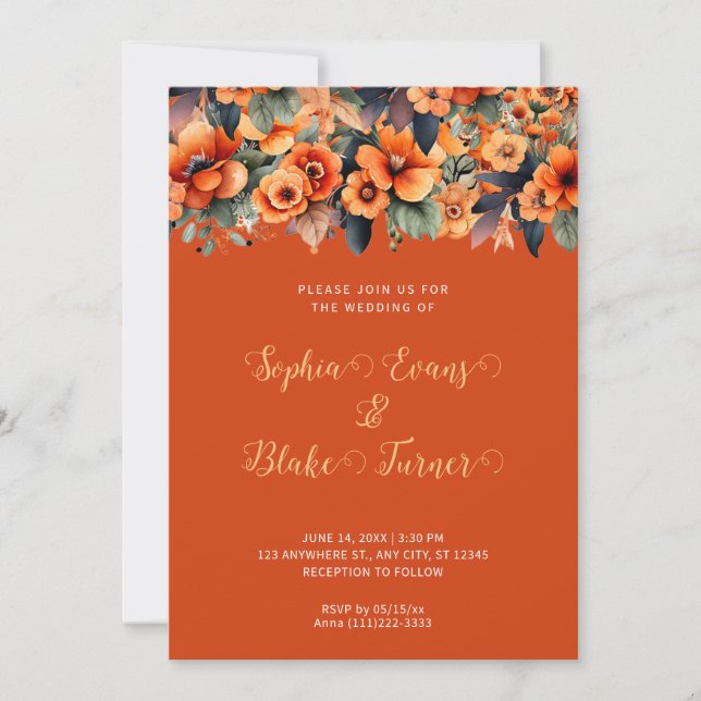 Convite Arranjo de Flores Silvestres Laranja Casamento Lar (Frente)