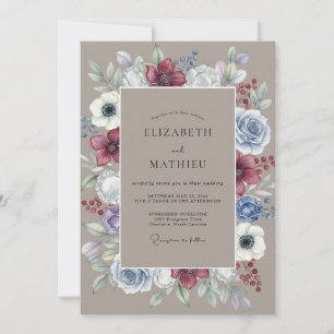 Convite Arranjo Floral Azul Borgonha Casamento