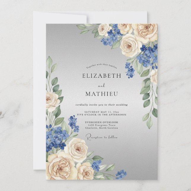 Convite Arranjo Floral Azul Creme para Casamento (Frente)