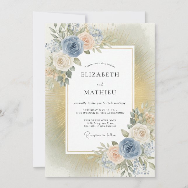 Convite Arranjo Floral Azul Poeirento Casamento (Frente)