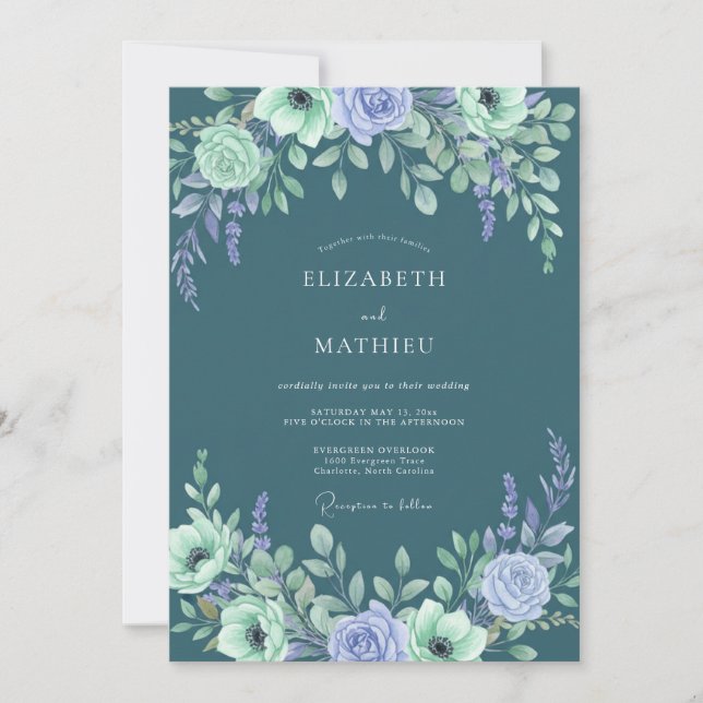 Convite Arranjo Floral de Casamento em Lavanda Turquesa (Frente)