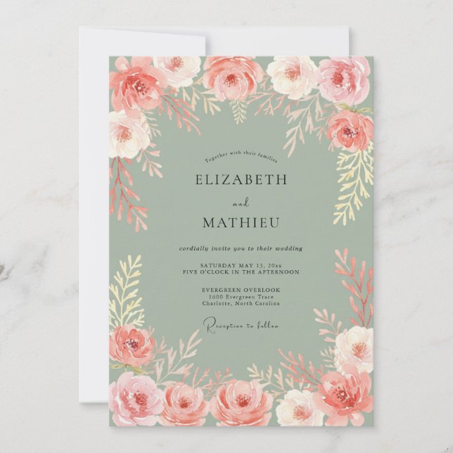 Convite Arranjo Floral de Coral Romance Casamento (Frente)