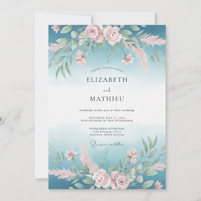 Convite Arranjo Floral Rosa Bebê Teal Casamento (Frente)