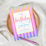 Convite Arranjo mbre do arco-íris de 16 anos<br><div class="desc">Feliz aniversário de 16 anos. Mande para fora este espantoso, moderno, minúsculo e cintilante ponto de confete azul-turquesa e um script de tipografia ombre cor-de-laranja-rosa contra uma rosa claro e fundo listrado com brilho no arco-íris ombre, convite personalizado para um evento se lembrar. Personalize o texto personalizado com o nome...</div>