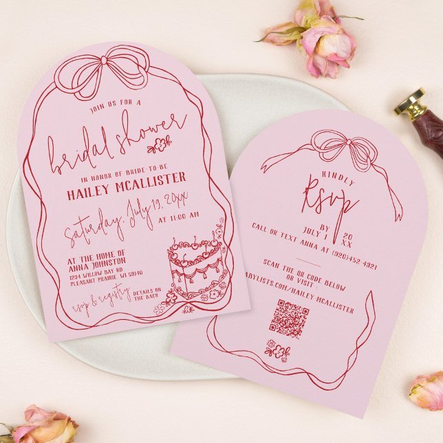Convite Arranjo Moderno e Excêntrico Desenhado à Mão em Ro (Modern quirky coquette pink and red hand drawn bow vintage cake QR code arch bridal shower invite)