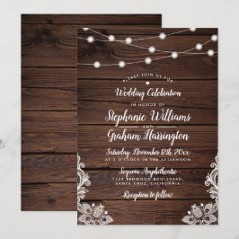 Convite Arranjo Rustic Wood Script String Lights & Lace We