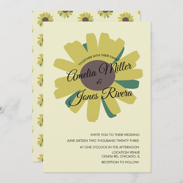 Convite Arranjo Simples De Girassol Verde Casamento Amarel (Frente/Verso)