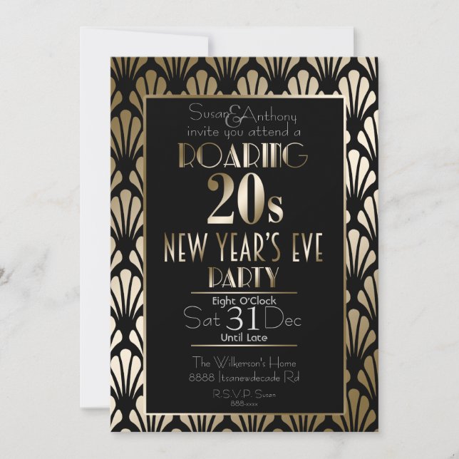Convite Arrastando 20s Art Deco Gatsby Dourado Ano Novo (Frente)