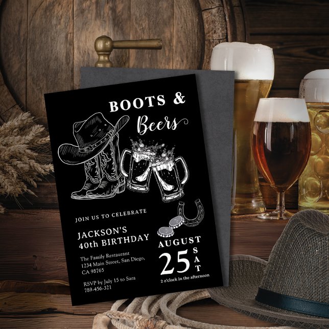 Convite Arrasto Russo De Mão Arruína E Cervejas Qualquer I (Rustic Hand Sketch Boots & Beers Any Age Birthday Invitation)