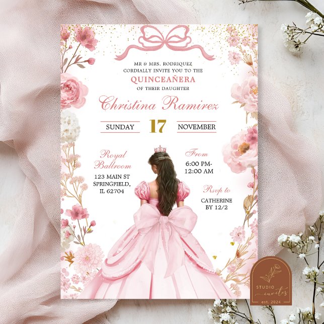 Convite Arrebol Rosa Coquette Laço Princesa Quinceanera (Criador carregado)
